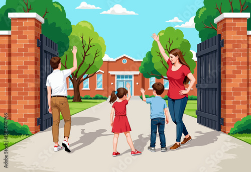 Family waving goodbye while standing at the entrance gate of school  