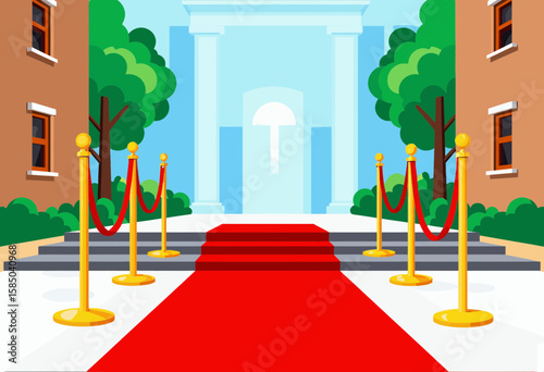 Red carpet leading to building entrance with trees and barriers  