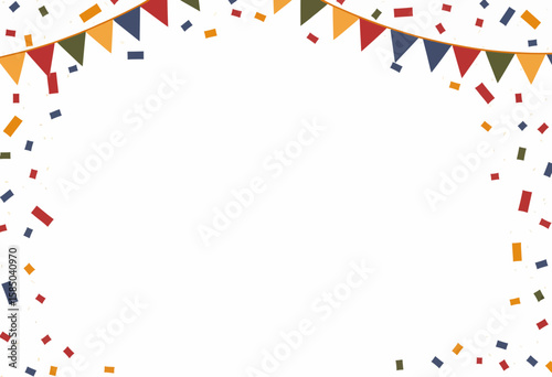 Colorful festive bunting and confetti on white background  
