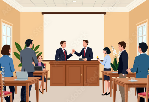 Two business men shaking hands during a meeting in a conference room  
