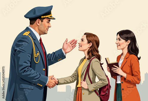 Police officer greeting two women with books in urban background  