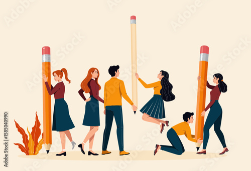 Group of young people interacting with oversized pencils in autumn  