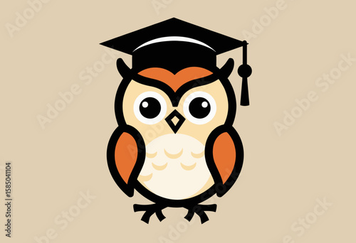 Cartoon owl wearing graduation cap on tan background  