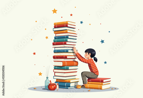 Young girl stacking colorful books while sitting on the floor  