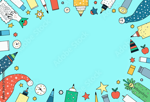 Colorful hand-drawn stationery items on blue background in border design  