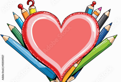 Heart shape surrounded by colorful pencils and crayons  
