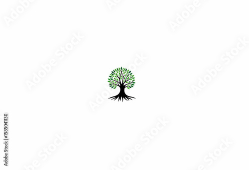 Leafy tree with roots in minimalist black and green design  