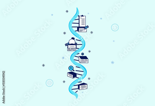 DNA strands with scientific elements and research tools on blue background  