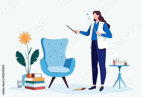 Woman presenting with a smile in a cozy reading corner at home  