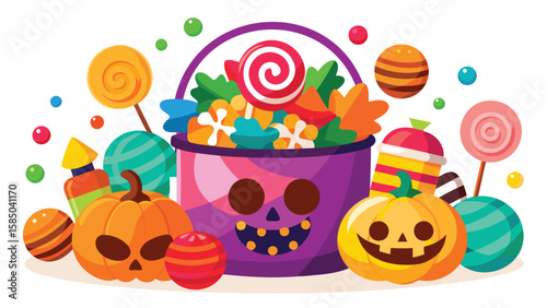 A halloween basket overflowing with candy pumpkins and lollipops on a white background scene vector