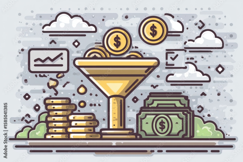 Naklejka premium Engaging visual representation of financial growth showcasing a funnel pouring coins and cash symbolizing investment strategies alongside analytics and economic progress illustrated in a