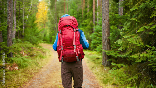 Hiker with red backpack walking forest trail in autumn