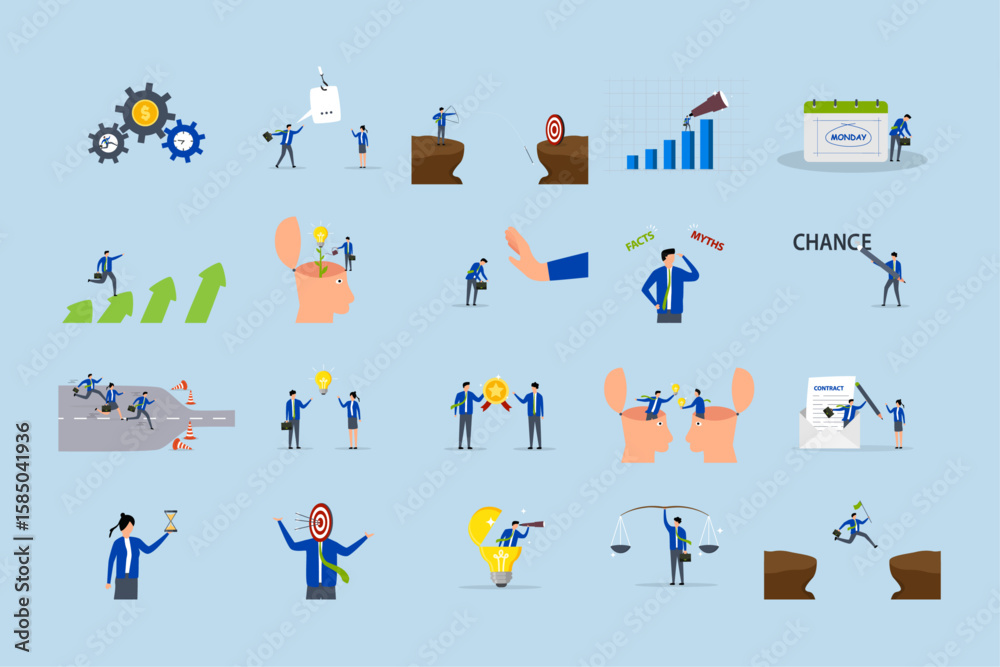 Fototapeta premium Business illustrations set. Compilation of footage featuring men and women engaged in professional tasks.