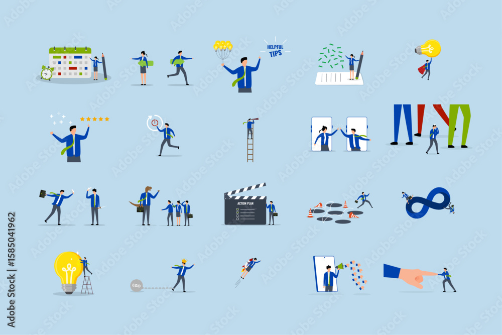 Fototapeta premium Business illustrations set. Compilation of clips featuring men and women engaged in business activities.