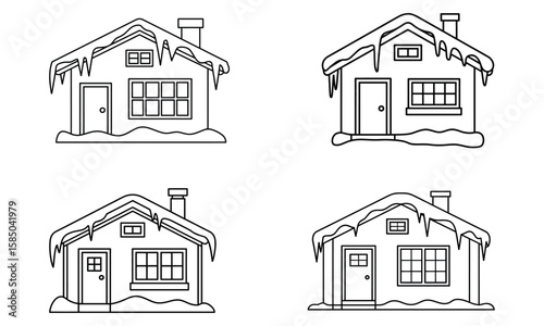 Winter house icon set with snow and icicles on rooftops in outline style
