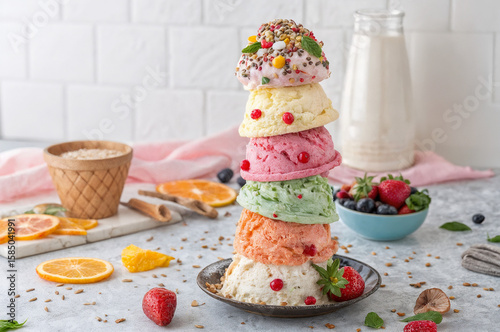 shows a pyramid of colorful ice cream scoops topped with various toppings, placed on a plate. The background includes a bottle of milk, a bowl of berries, a wooden bowl, and some sliced oranges.