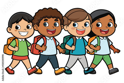 Colorful illustration of four happy kids strolling together, carrying backpacks, symbolizing friendship, joy, and a vibrant spirit of education and school life.