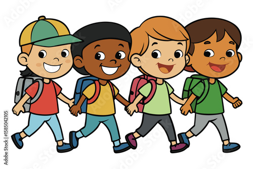 Happy Children Walking and Holding Hands Together in Friendship