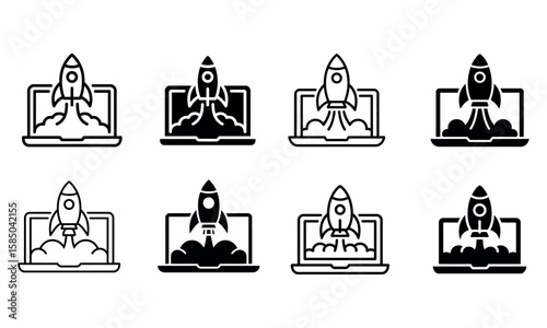 Rocket launch icon set on laptop screen representing startup, innovation and growth
