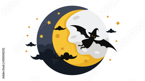 Silhouette of a witch bat flying in front of a half moon with stars and clouds around it