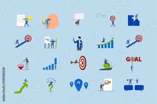 Business illustrations set. compilation of footage showcasing men and women engaging in professional tasks