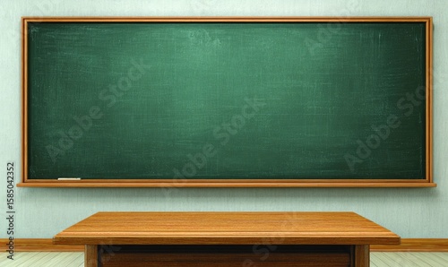 A large, blank green chalkboard with a wooden frame hangs on a textured wall above a simple wooden desk in a classroom setting