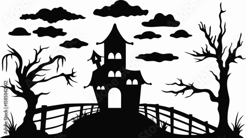 Silhouette of a haunted house with trees and clouds against a white background in monochrome style