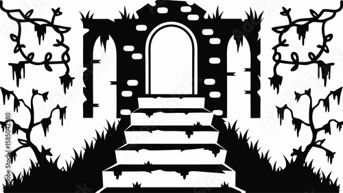 Black and white silhouette of a ruined stone archway with steps and overgrown foliage design element