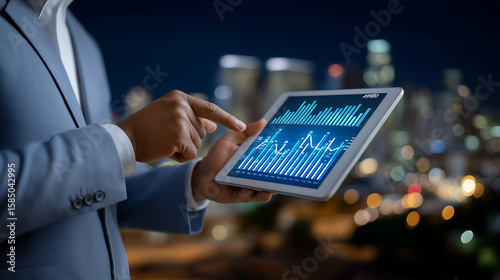 Manager pointing to digital dashboard discussing ROI metrics