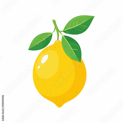Single lemon with green leaves attached against a plain background