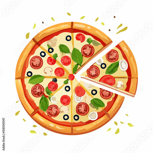 Fresh pizza pie with a single slice being removed from the whole