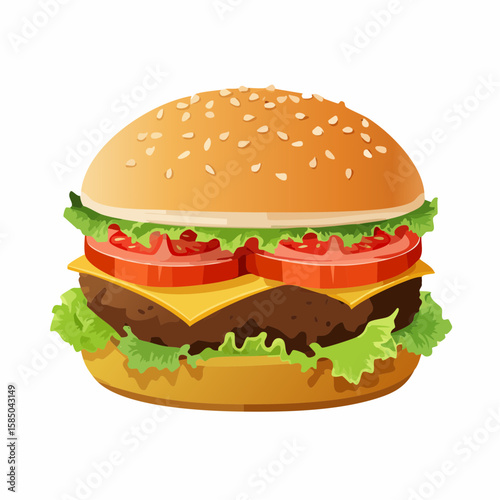 Tasty hamburger has lettuce, tomatoes and cheese, with a sesame seed bun