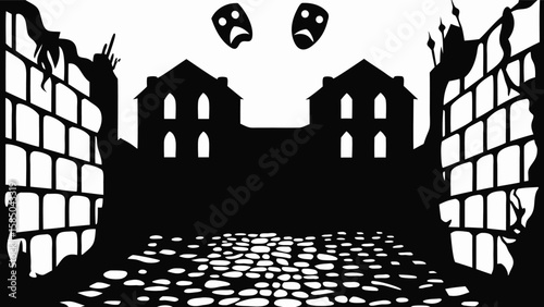 Dramatic scene with brick walls, buildings, cobblestone path, and theatrical masks in black and white art
