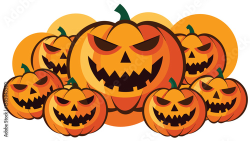 A group of cartoon halloween pumpkins with carved faces and orange background circles displayed nicely
