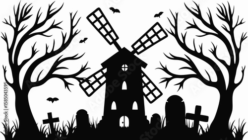 Silhouette of a windmill and graveyard with trees and bats in a halloween themed scene design