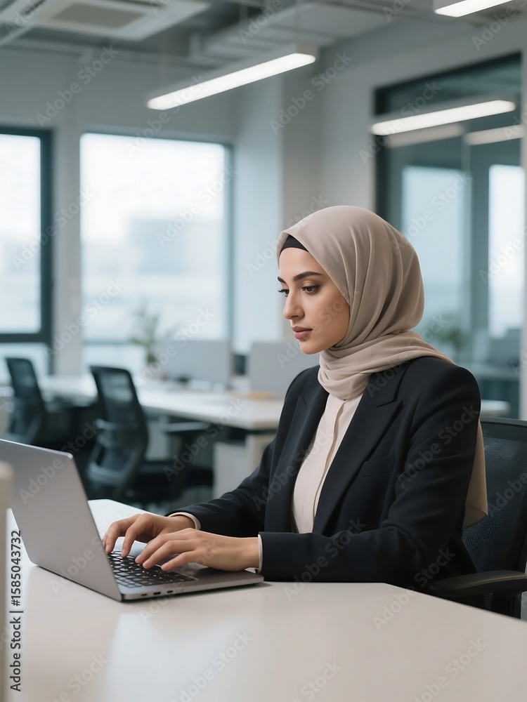 A professional woman wearing a hijab, working on a laptop in a modern office setting. A professional woman wearing a hijab, working on a laptop in a modern office setting.