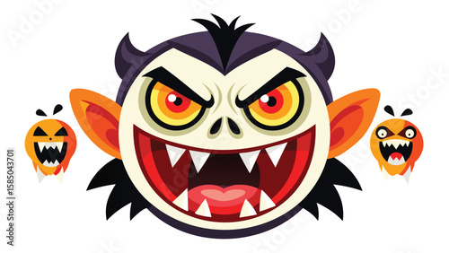 Cartoon vampire face with sharp teeth and evil eyes accompanied by two small pumpkin ghosts design