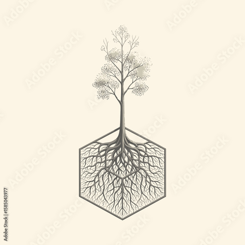 Minimalist tree with root system in thin lines, representing balance, growth, and life cycle
