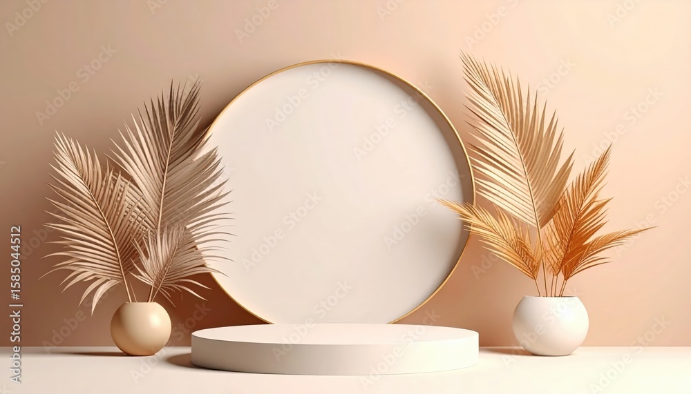Fototapeta premium Elegant display of minimalist decor with tropical leaves soft neutral background studio setup emphasizing modern aesthetics