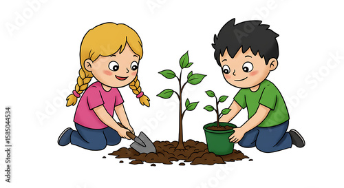 Two happy children are planting a young tree sapling in the soil, highlighting environmental awareness and the joy of gardening with a transparent background.