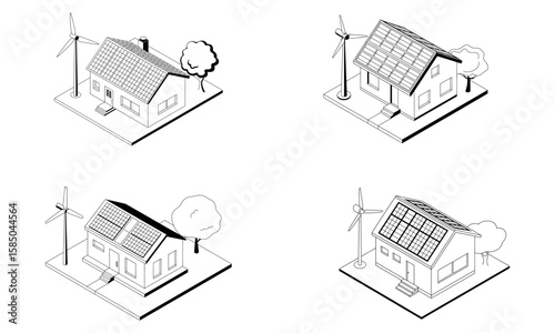 Eco friendly house with solar panels and wind turbines representing renewable energy concept
