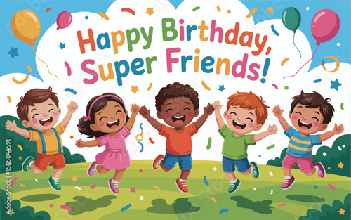 Illustrated birthday card featuring five joyful children jumping under “Happy Birthday, Super Friends!” banner with balloons and confetti in outdoor setting