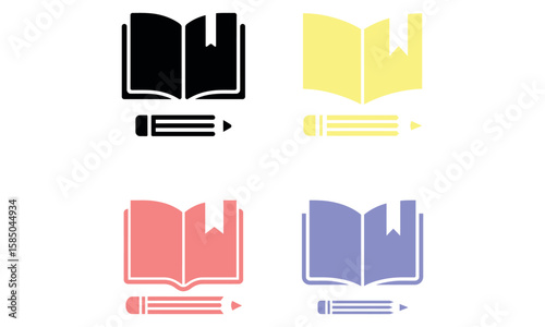 Book and pencil icon collection in flat style for education, learning and writing concept
