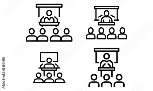 Public speaking and presentation icon set showing speaker at podium and audience
