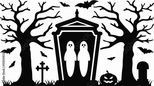 Silhouette halloween scene with ghosts in mausoleum bats trees and pumpkin in black and white design