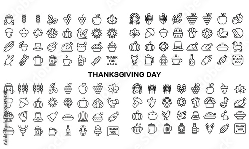 Thanksgiving day icon pack with traditional food, celebration elements and autumn symbols
