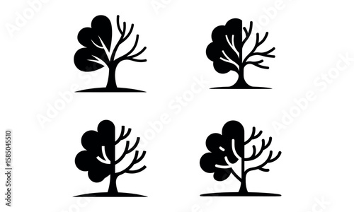 Tree icon collection in black silhouette style showing different seasonal and natural shapes
