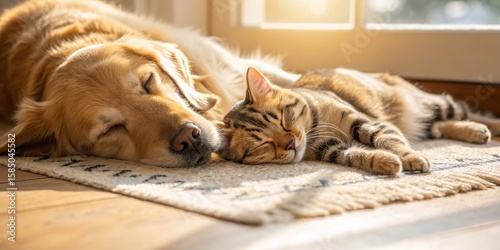 Golden Retriever and Tabby Cat Napping Together in Sunlight, Dog , Cat