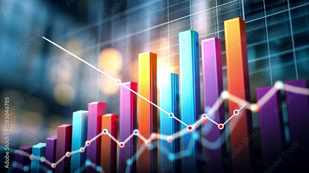 Colorful bar graph with upward trending line indicating growth and financial success shown