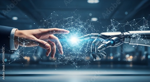 A powerful and conceptual image showing a human hand in a business suit and a robot hand touching a glowing digital circle